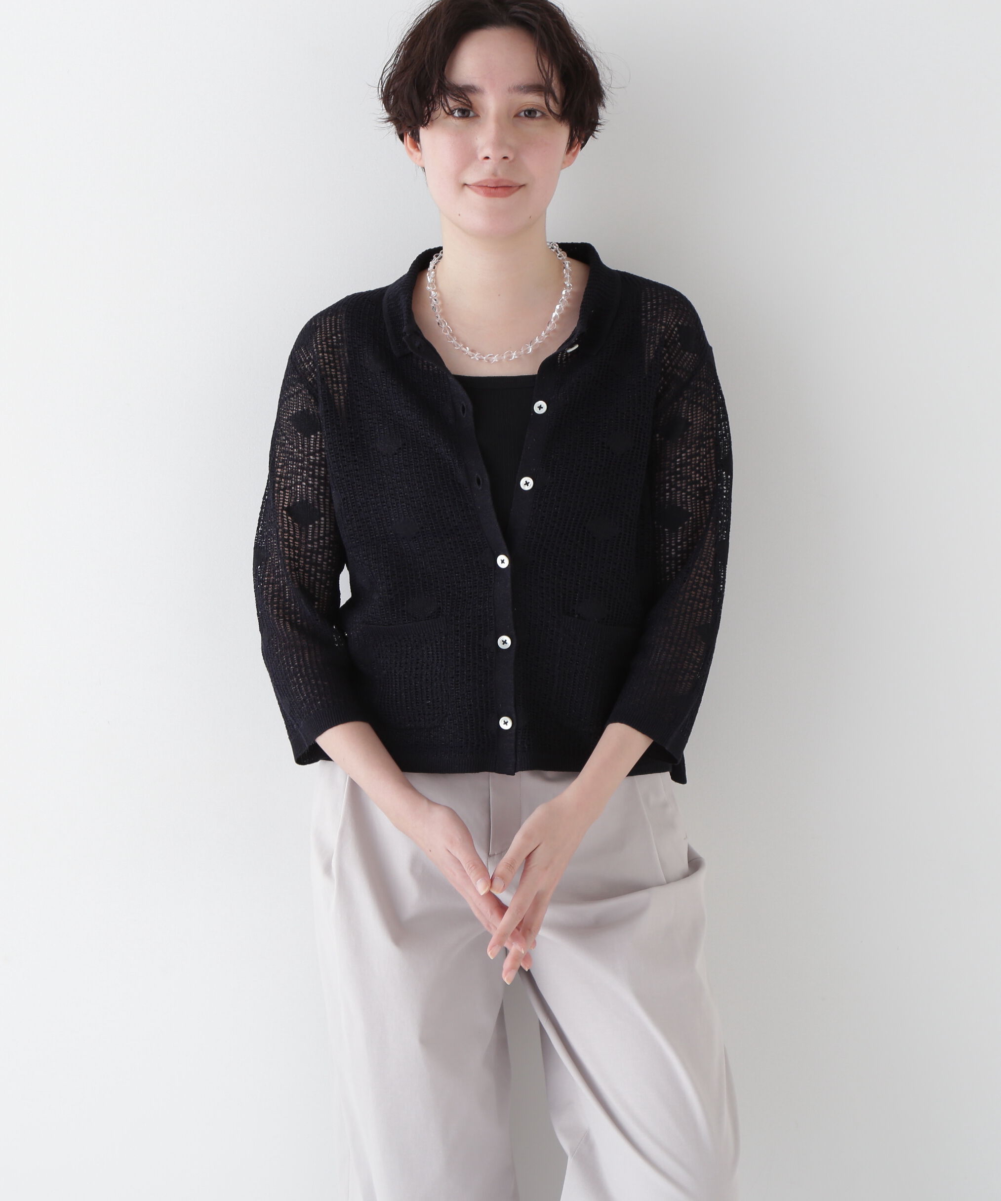  「◆【ウォッシャブル】ラメメッシュオープンカラーカーディガン」|ニット・セーター|