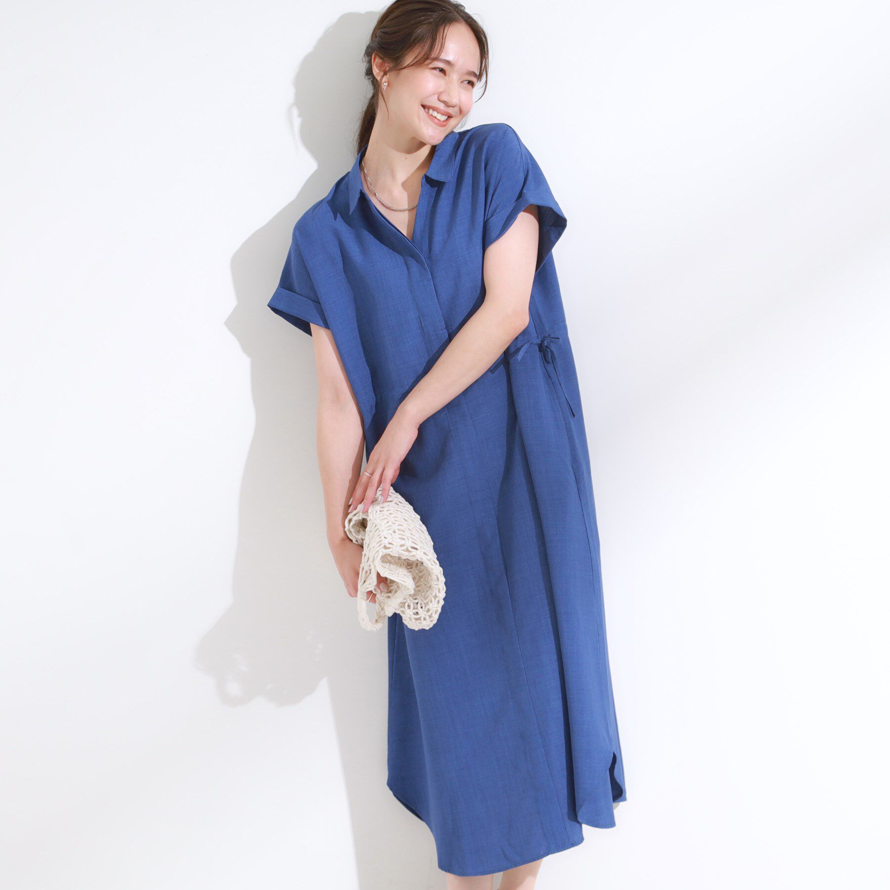 SHOO･LA･RUE「【S-LL】お顔周りすっきり 麻調スキッパーシャツワンピース」|ワンピース|ネイビー(094)