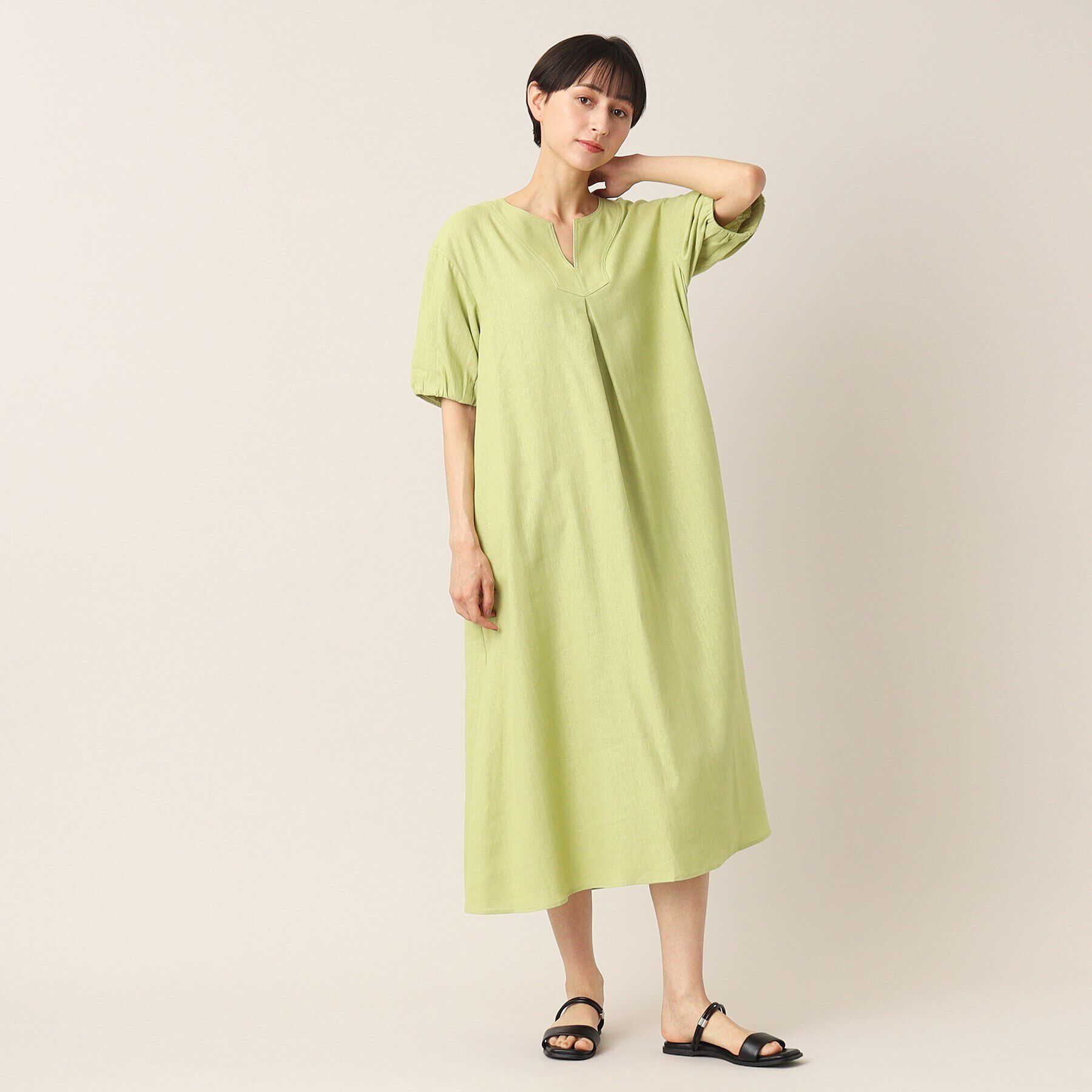 Dessin「【洗える】リネンブレンドキーネックワンピース」|ワンピース|