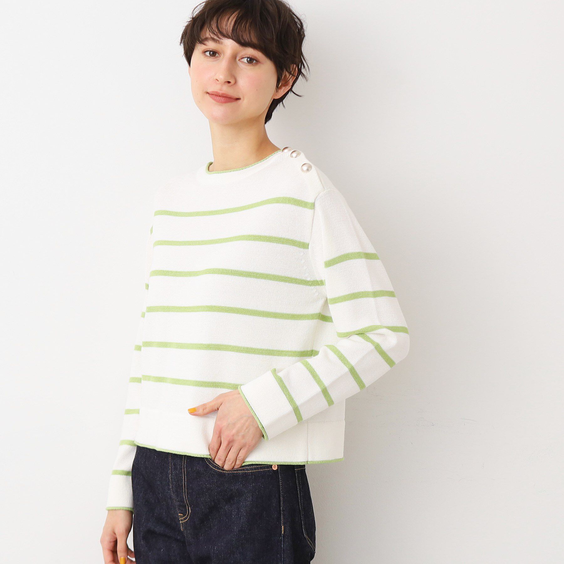 Dessin「【洗える】肩ボタン付きボーダーニット（XS～L）」|ニット・セーター|ミントグリーン(12