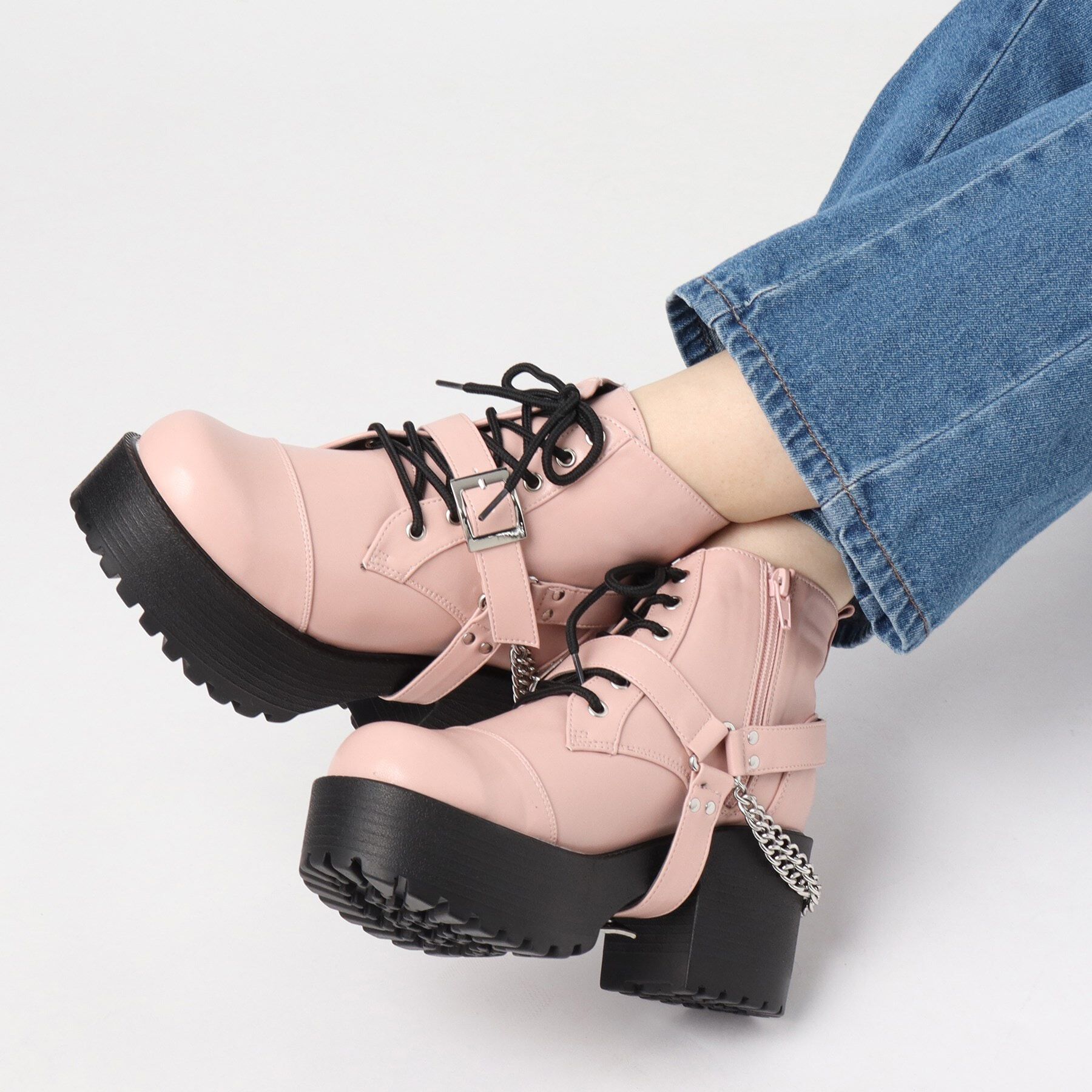 csT&P「厚底チェーンベルト付き2WAYレースアップブーツ」|ショートブーツ|