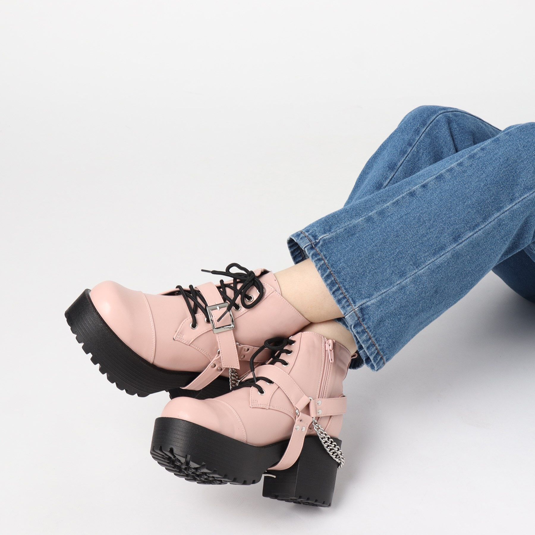 csT&P「厚底チェーンベルト付き2WAYレースアップブーツ」|ショートブーツ|