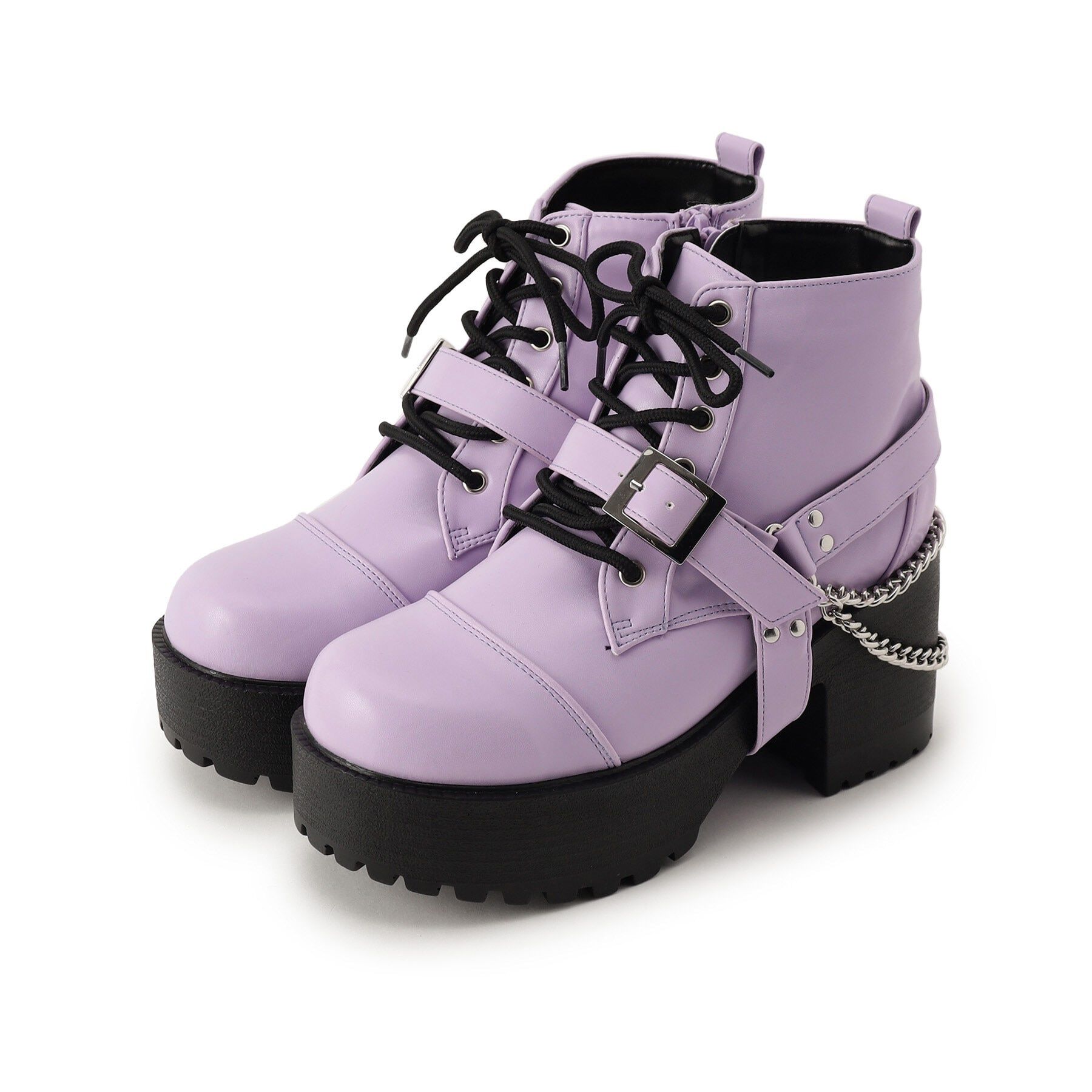 csT&P「厚底チェーンベルト付き2WAYレースアップブーツ」|ショートブーツ|パープル(083)