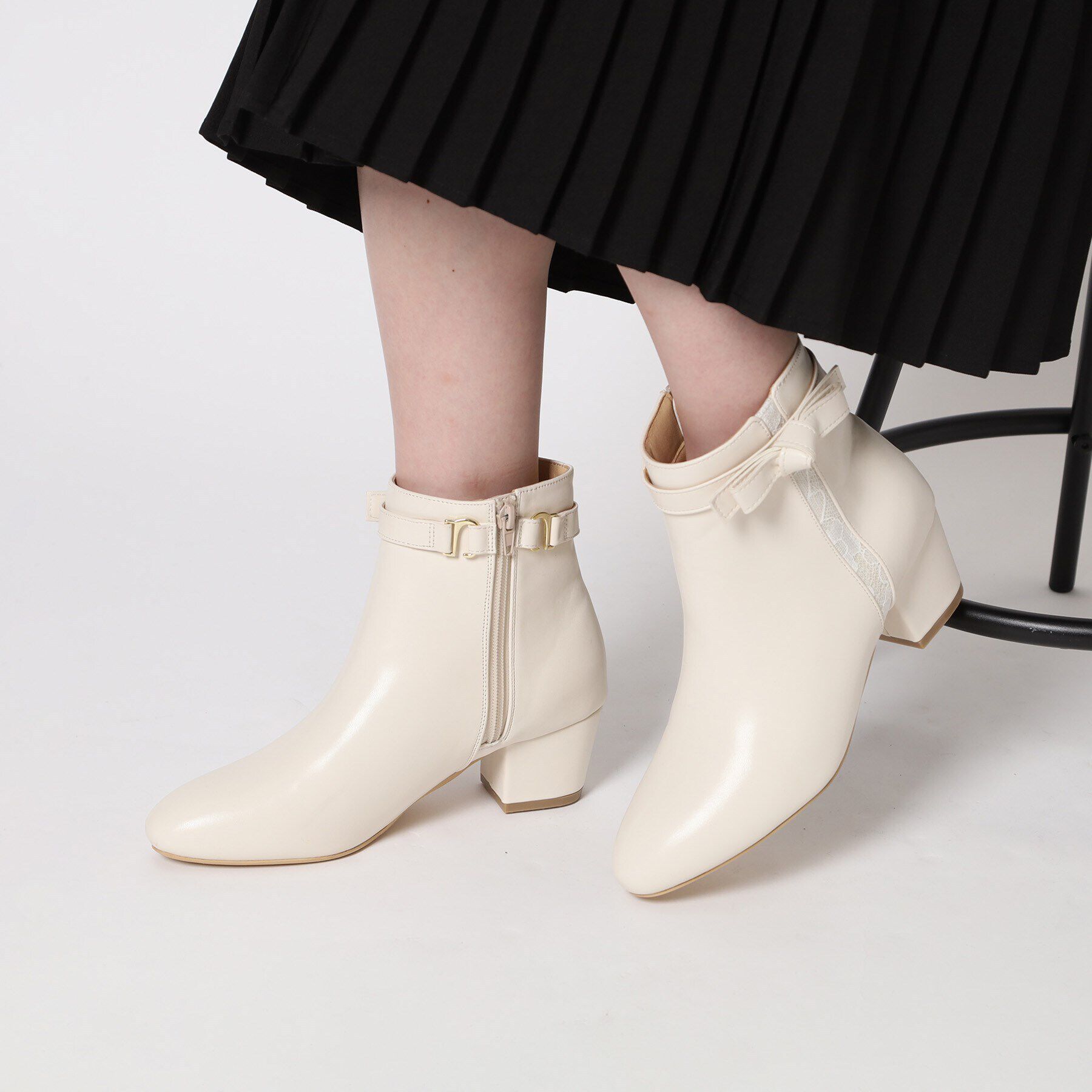 ESPERANZA「レース＆リボンミドルヒールショートブーツ【ESPERANZA_blanca】」|ショートブーツ|