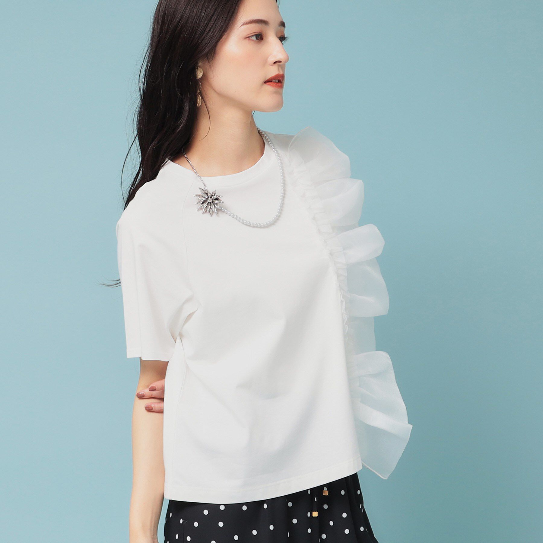 SunaUna「【オーガンジーラッフル】大人フェミニンTシャツ」|Tシャツ・カットソー|オフホワイト(003