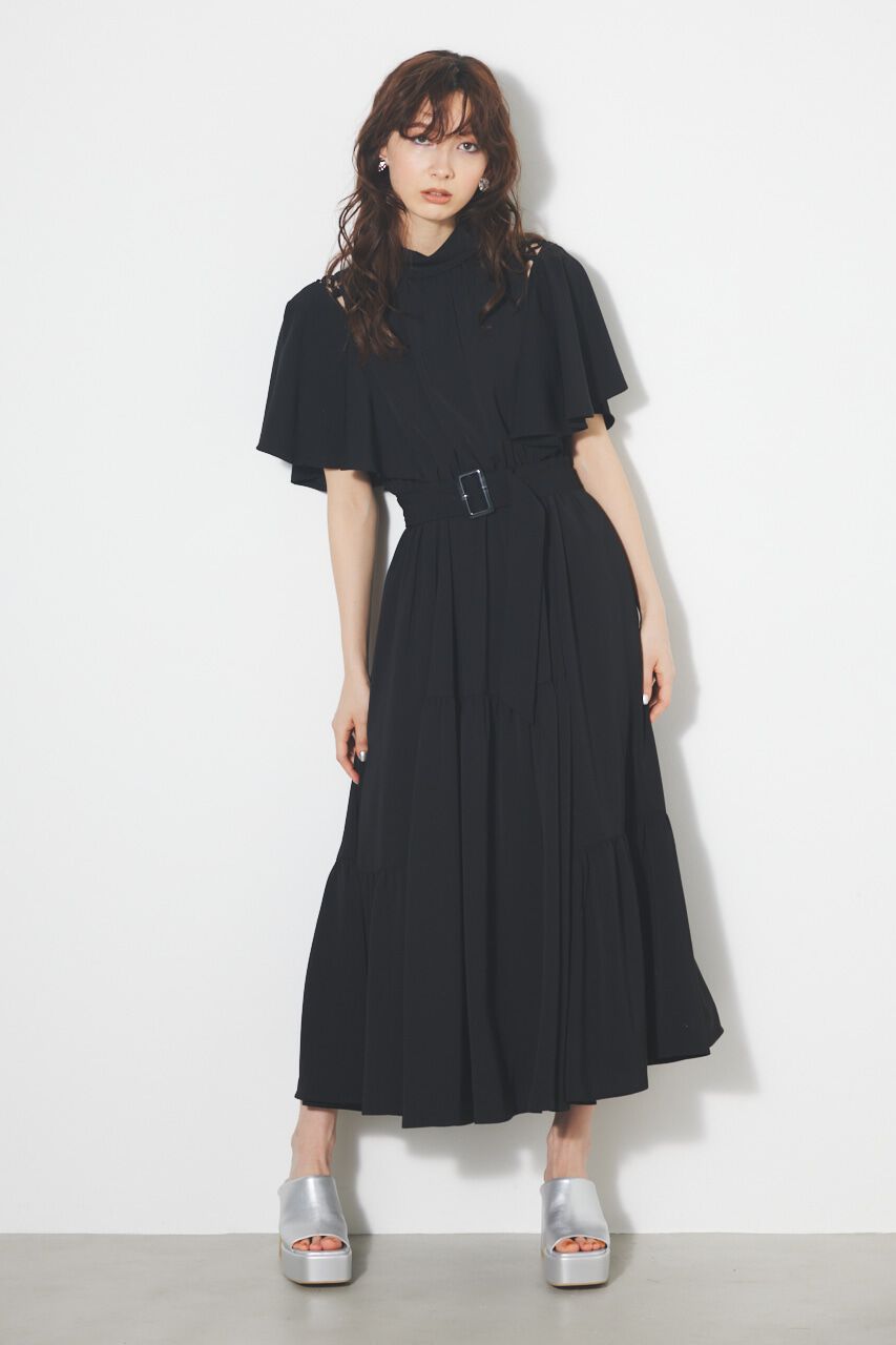 rienda「スリットショルダーフレアSLV OP」|ワンピース|BLK