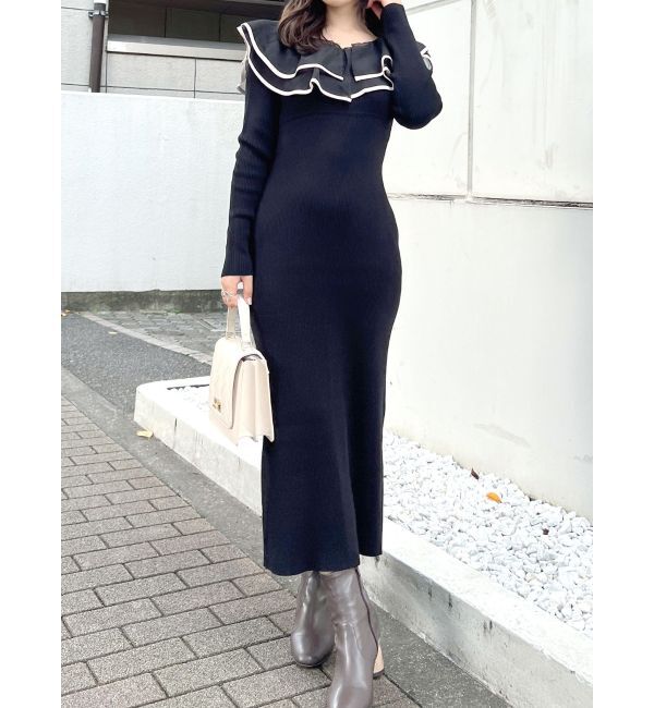 MERCURYDUO「異素材ラッフルバックリボンニットワンピース」|ワンピース|