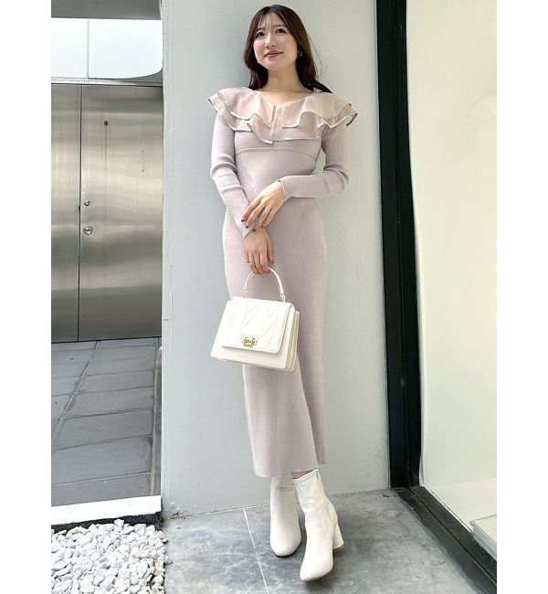 MERCURYDUO「異素材ラッフルバックリボンニットワンピース」|ワンピース|