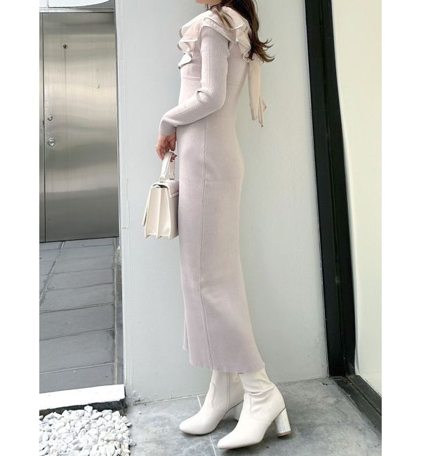 MERCURYDUO「異素材ラッフルバックリボンニットワンピース」|ワンピース|