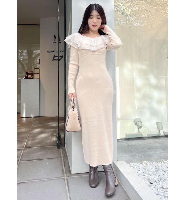 MERCURYDUO「異素材ラッフルバックリボンニットワンピース」|ワンピース|