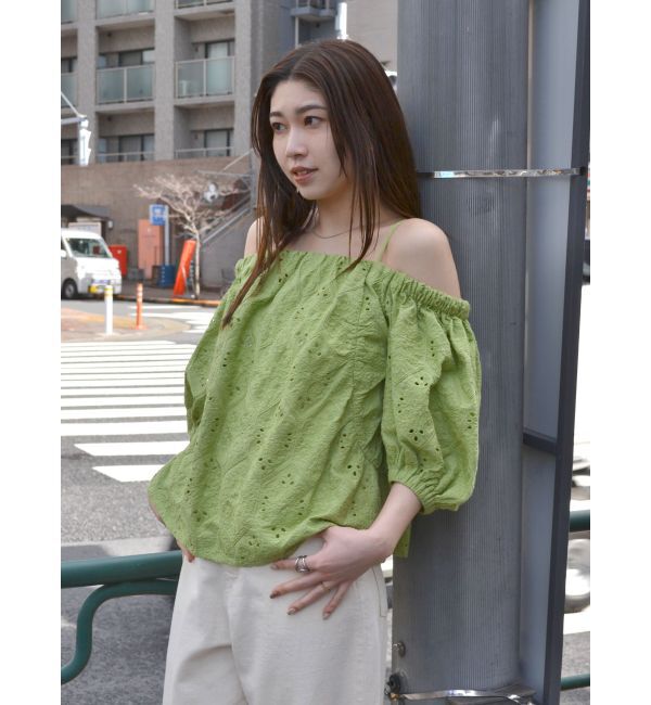 Ungrid「カットワークレースオフショルブラウス」|シャツ・ブラウス|グリーン