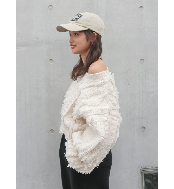 Ungrid「ワンショルフリンジケーブルショートニット」|ニット・セーター|