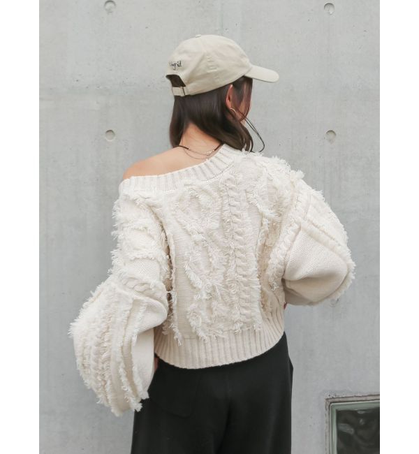 Ungrid「ワンショルフリンジケーブルショートニット」|ニット・セーター|