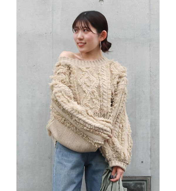Ungrid「ワンショルフリンジケーブルショートニット」|ニット・セーター|