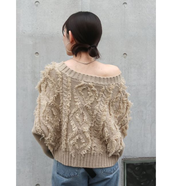 Ungrid「ワンショルフリンジケーブルショートニット」|ニット・セーター|