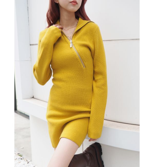 EVRIS「ジップタートルニットミニワンピース」|ワンピース|マスタード