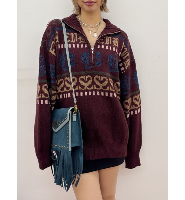 EVRIS「フラワーミックスジャガードニットトップス」|ニット・セーター|ボルドー