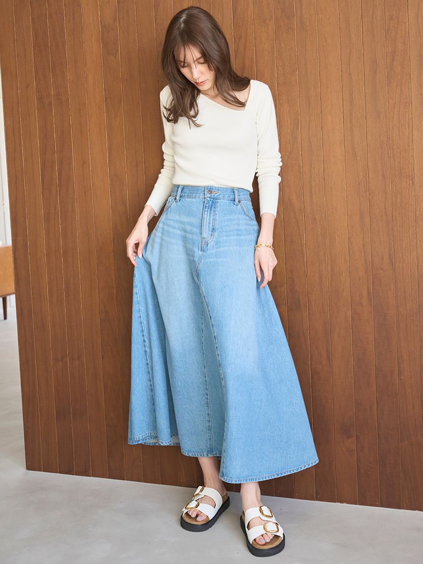 Mila Owen「後ろゴムマチデザインフレアデニムスカート【ウォッシャブル】」|スカート|