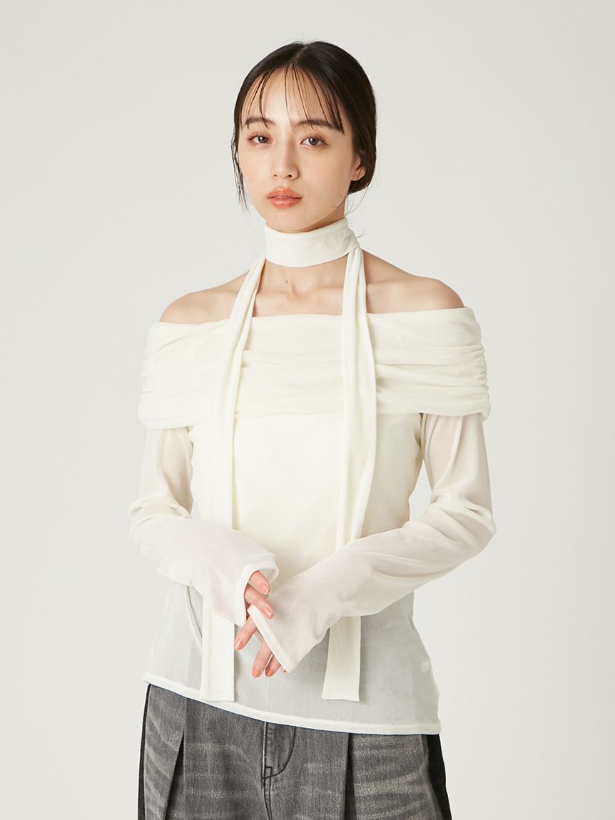 FRAY I.D「オフショルフロッキーチュールトップス」|Tシャツ・カットソー|