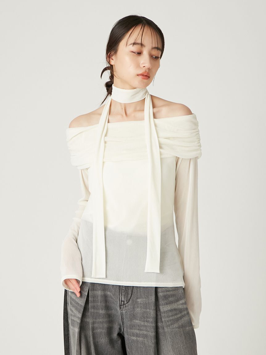 FRAY I.D「オフショルフロッキーチュールトップス」|Tシャツ・カットソー|