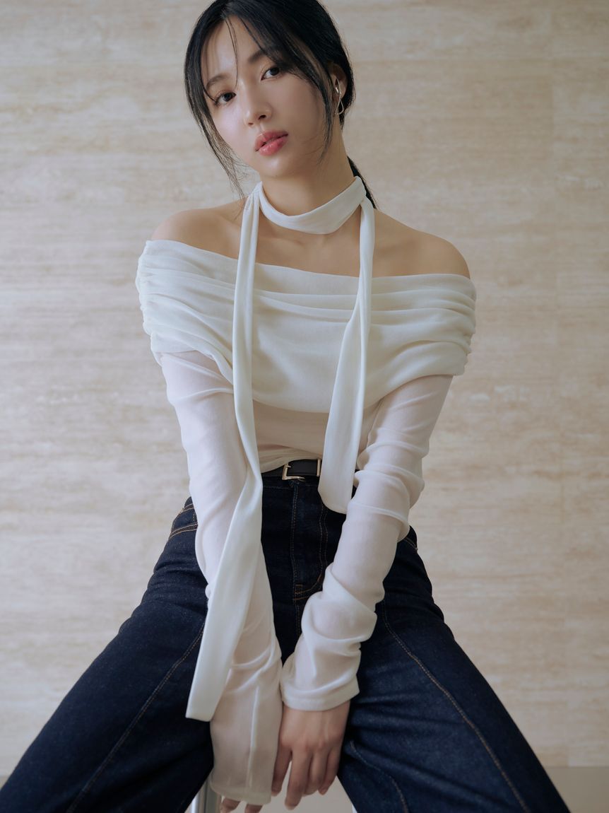 FRAY I.D「オフショルフロッキーチュールトップス」|Tシャツ・カットソー|