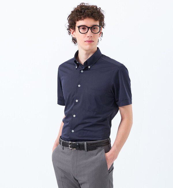 MACKINTOSH PHILOSOPHY「トロッター トリコットジャージー半袖ボタンダウンシャツ  無地/ストライプ」|シャツ・ブラウス|ネイビー