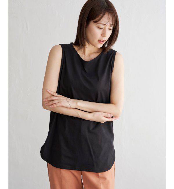 ikka「【雑誌 InRed 6月号掲載】【接触冷感／UVカット】コットンUSA裾ラウンドノースリプルオーバー」|タンクトップ|ブラック