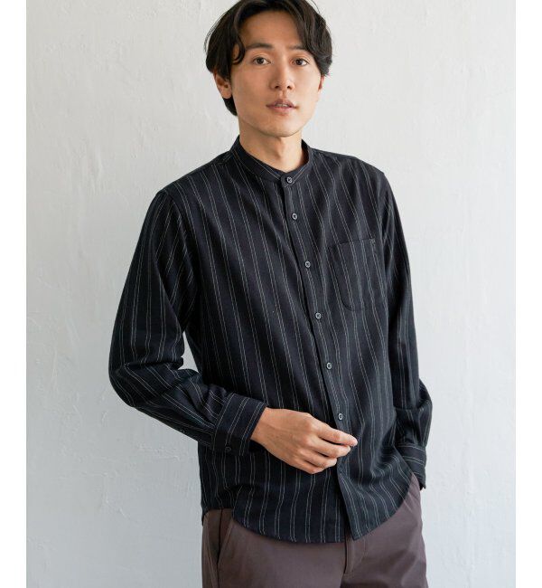 ikka「イージーケアフランネルバンドカラーシャツ」|シャツ・ブラウス|ブラック