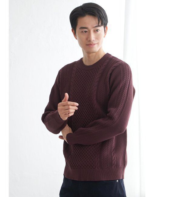 ikka「GOKUラクニットアランケーブル」|プルオーバー|ワイン