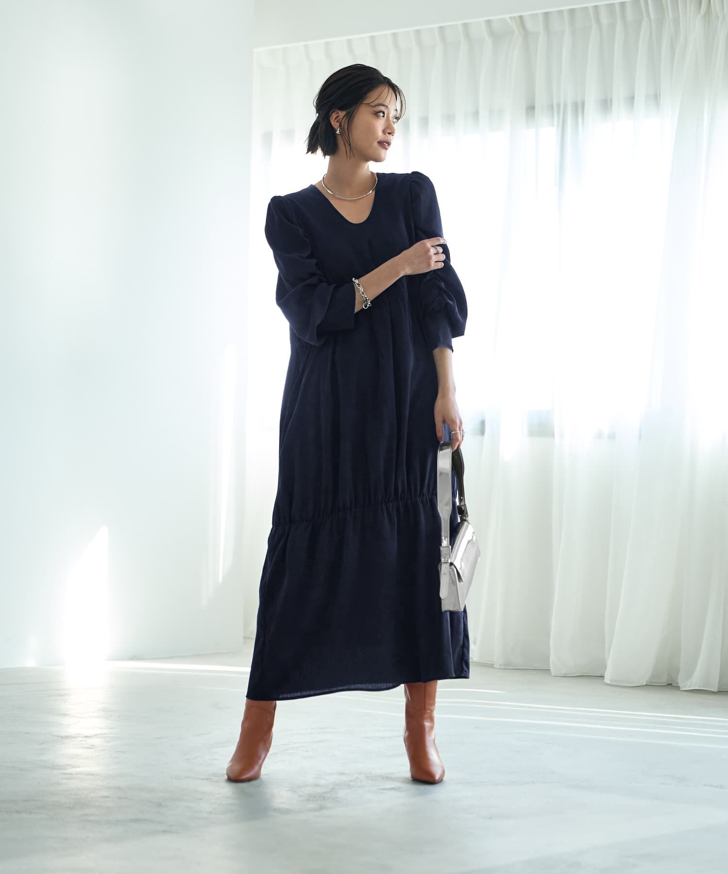 STYLE DELI「【LUXE】楊柳ギャザーワンピース」|ワンピース|ネイビー