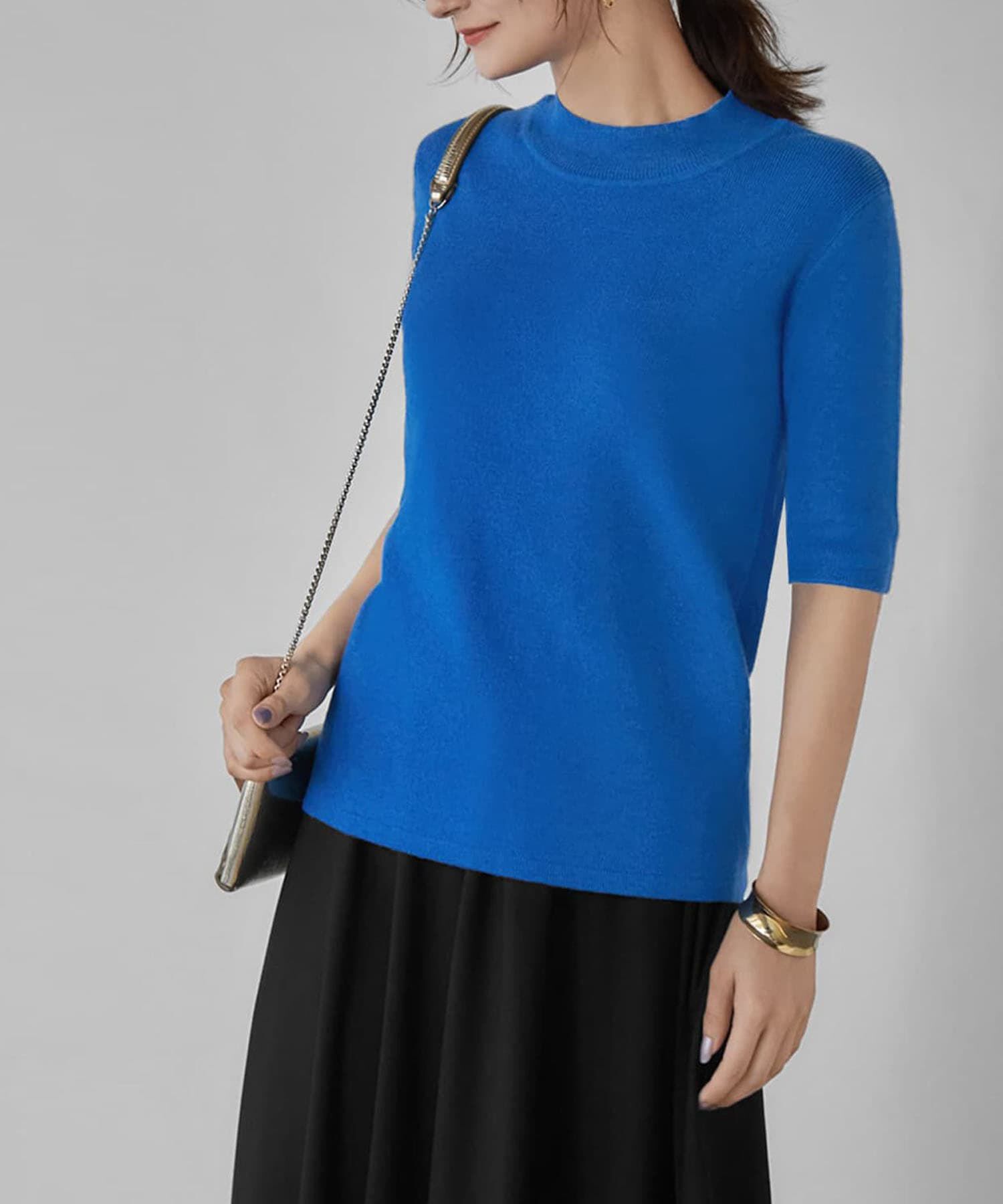 STYLE DELI「ソフトタッチ◆５分袖ハイネックトップス」|ニット・セーター|ブルー