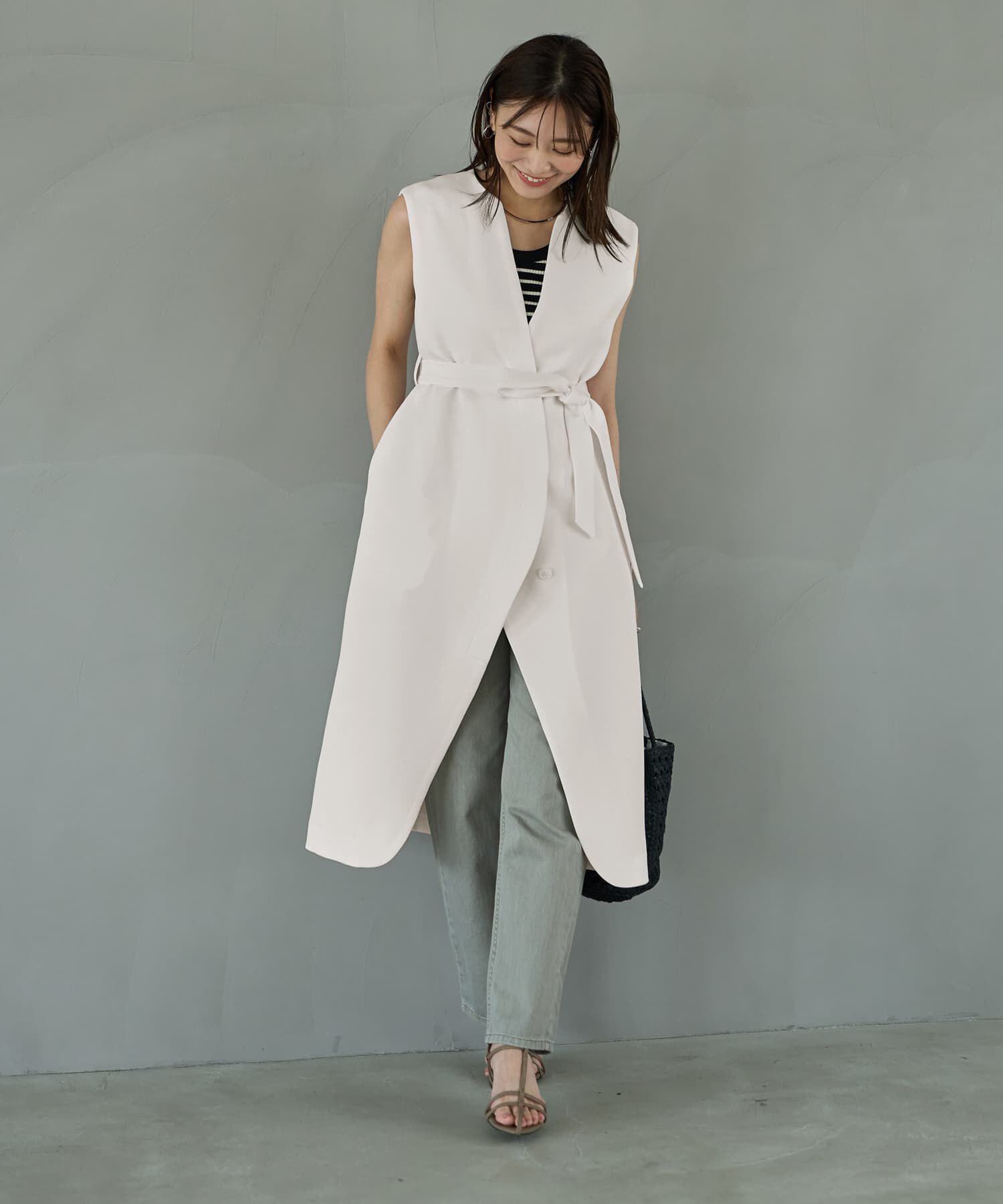 STYLE DELI「【LUXE】フロントカーブロングジレ」|ベスト・ジレ|アイボリー