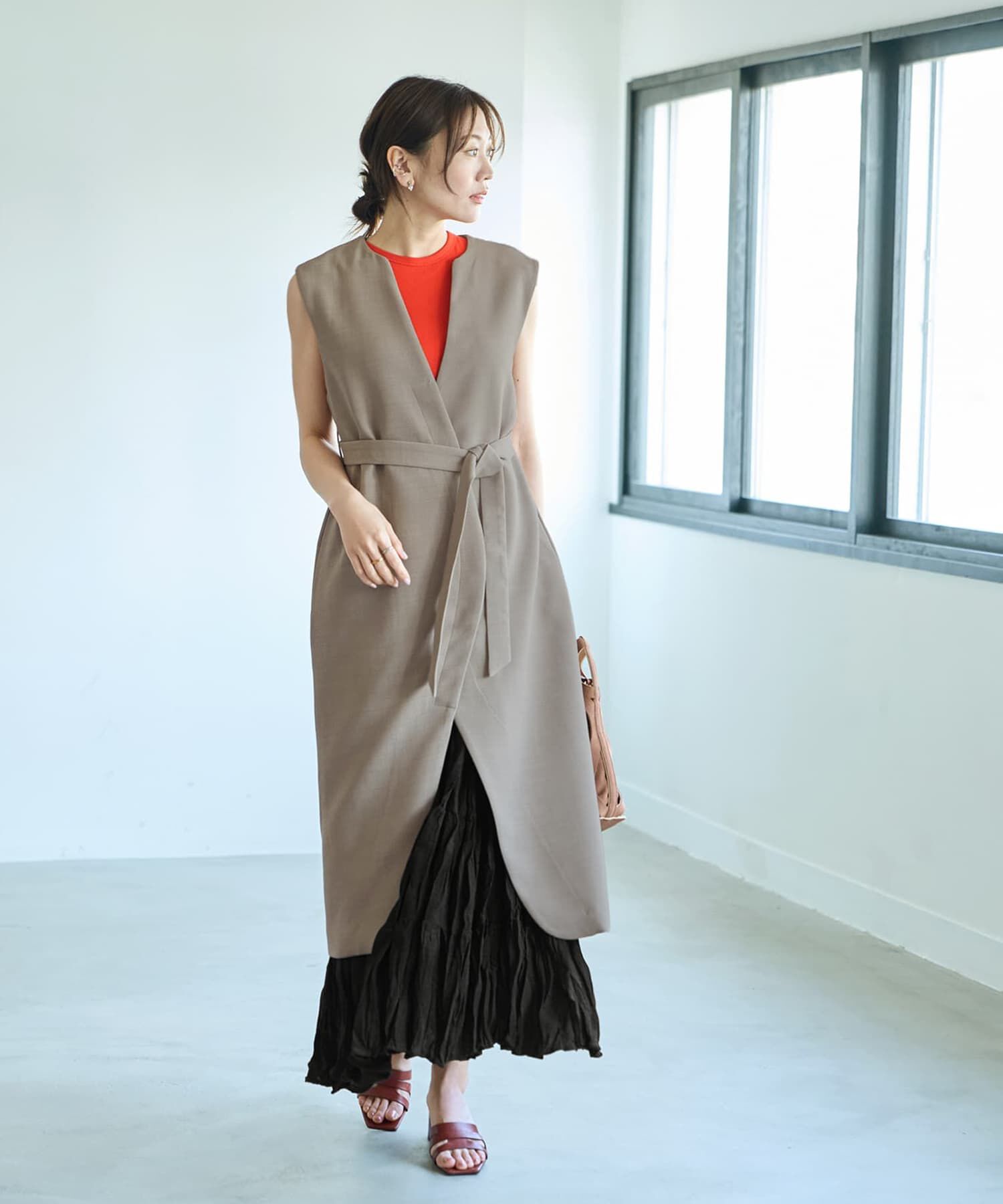 STYLE DELI「【LUXE】フロントカーブロングジレ」|ベスト・ジレ|サンドベージュ