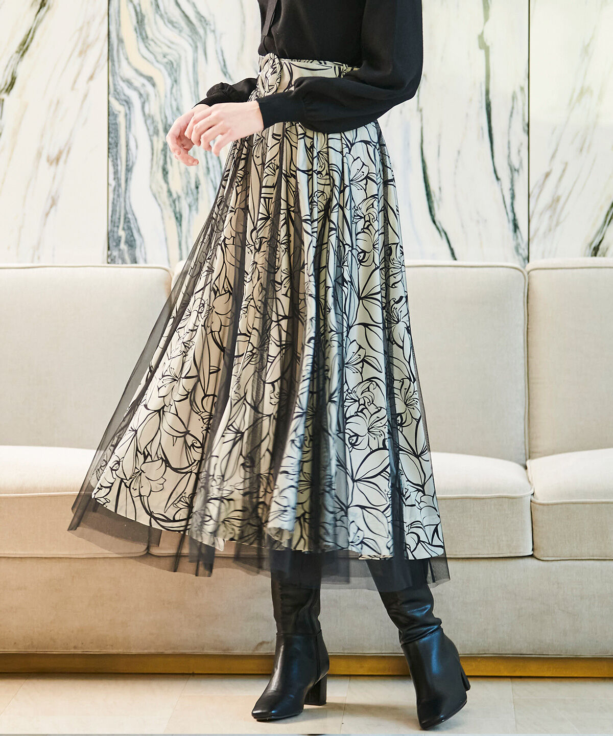 アンドクチュール「チュールレイヤー単色柄スカート」|フレア|