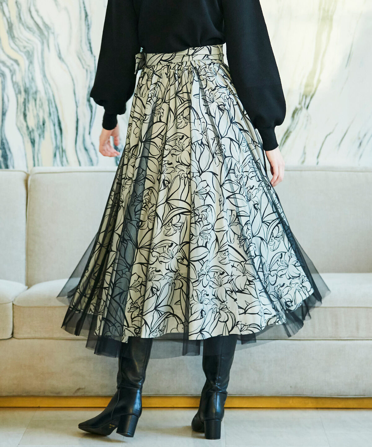 アンドクチュール「チュールレイヤー単色柄スカート」|フレア|