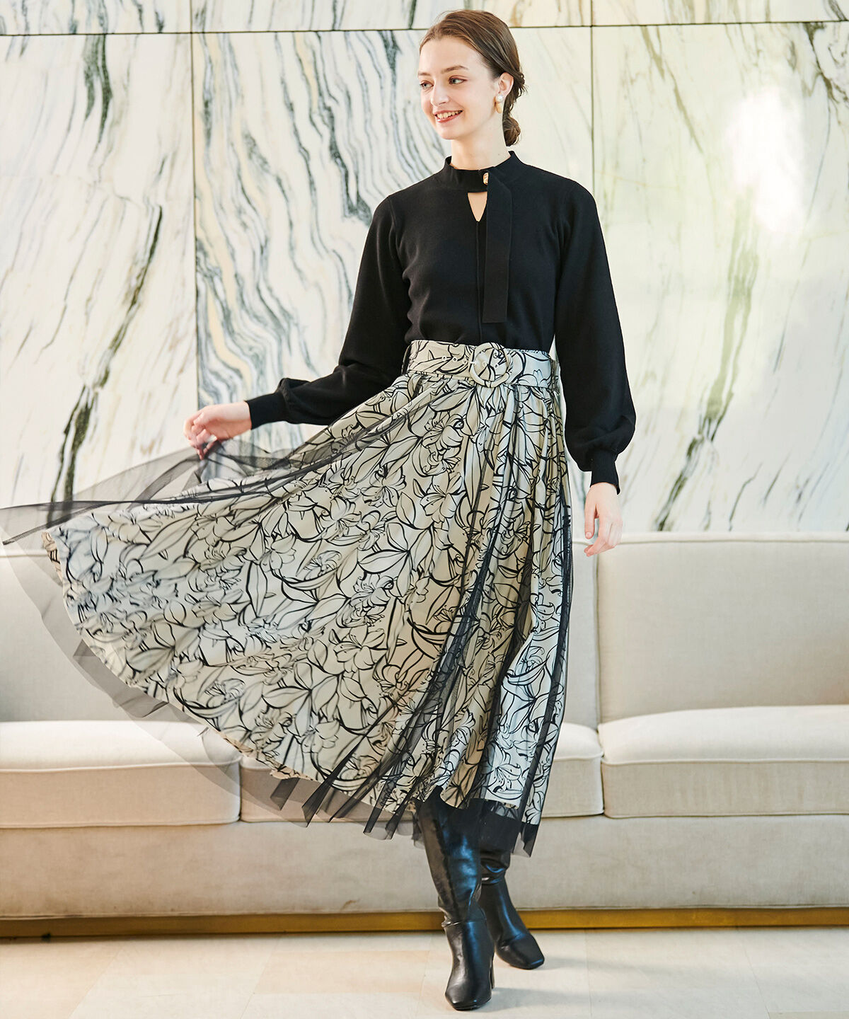 アンドクチュール「チュールレイヤー単色柄スカート」|フレア|