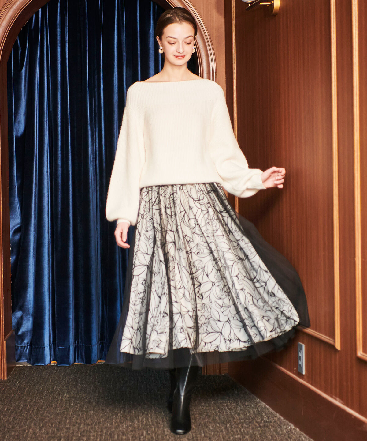 アンドクチュール「チュールレイヤー単色柄スカート」|フレア|