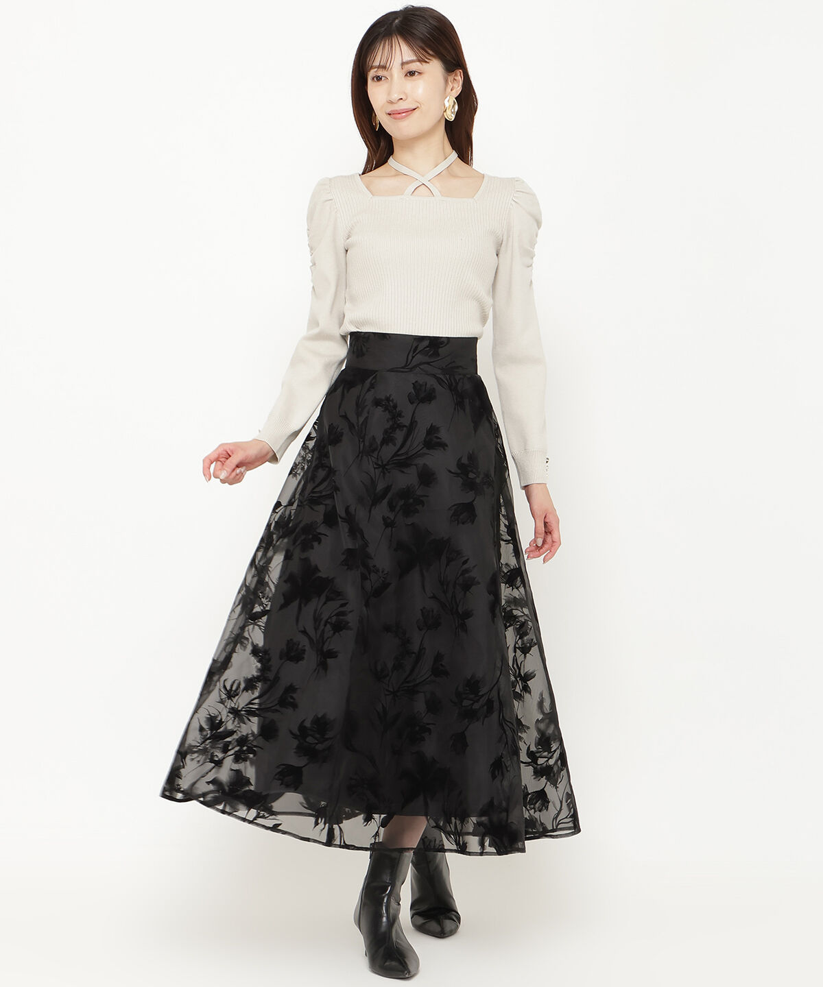 アンドクチュール「スクエアネック袖ギャザープルオーバー」|ニット・セーター|