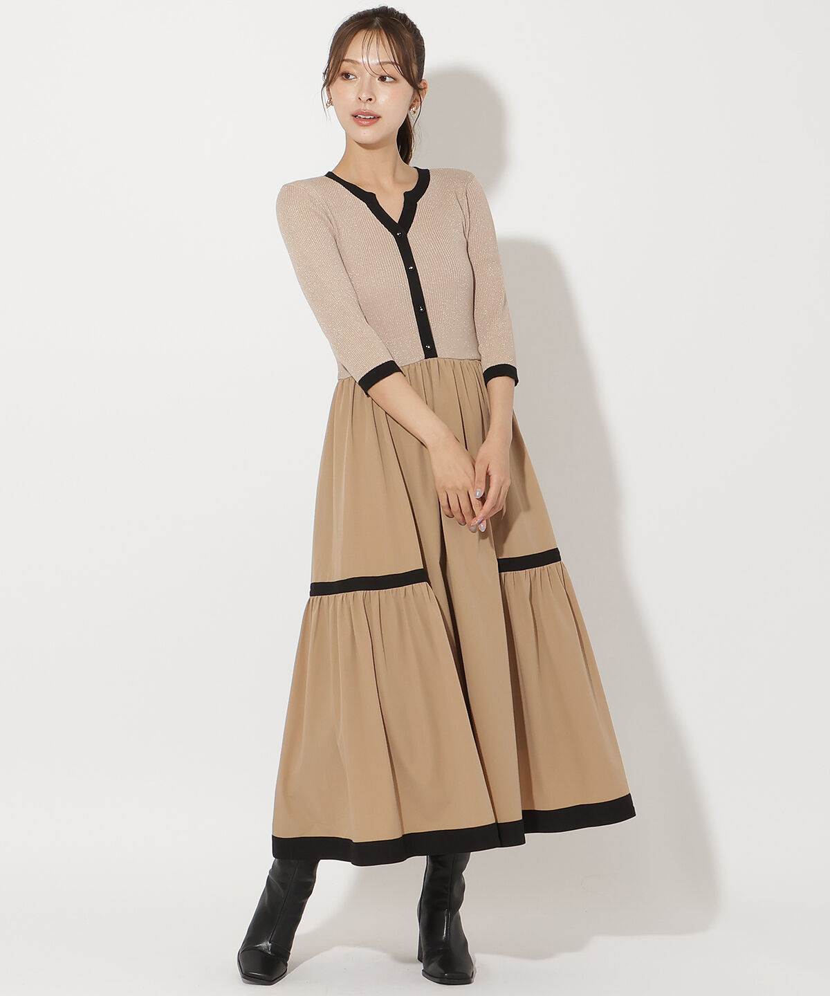 アンドクチュール「ラメ入り配色カーデ風ドッキングワンピース」|ワンピース|ベージュ