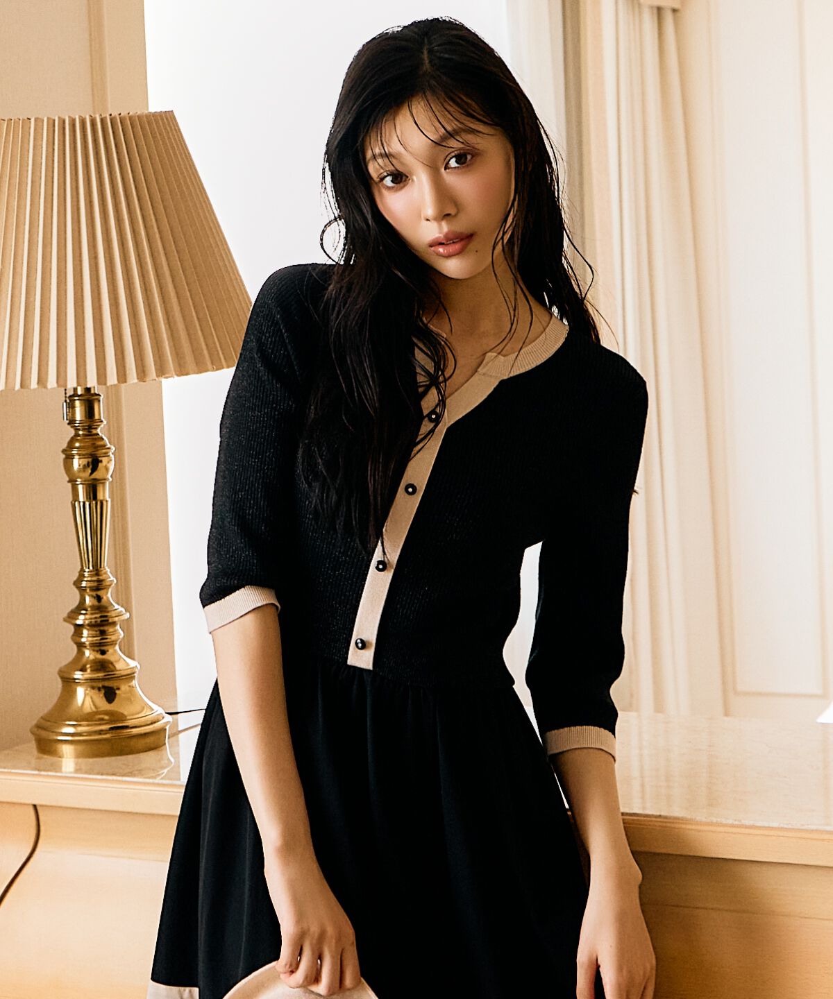 アンドクチュール「ラメ入り配色カーデ風ドッキングワンピース」|ワンピース|