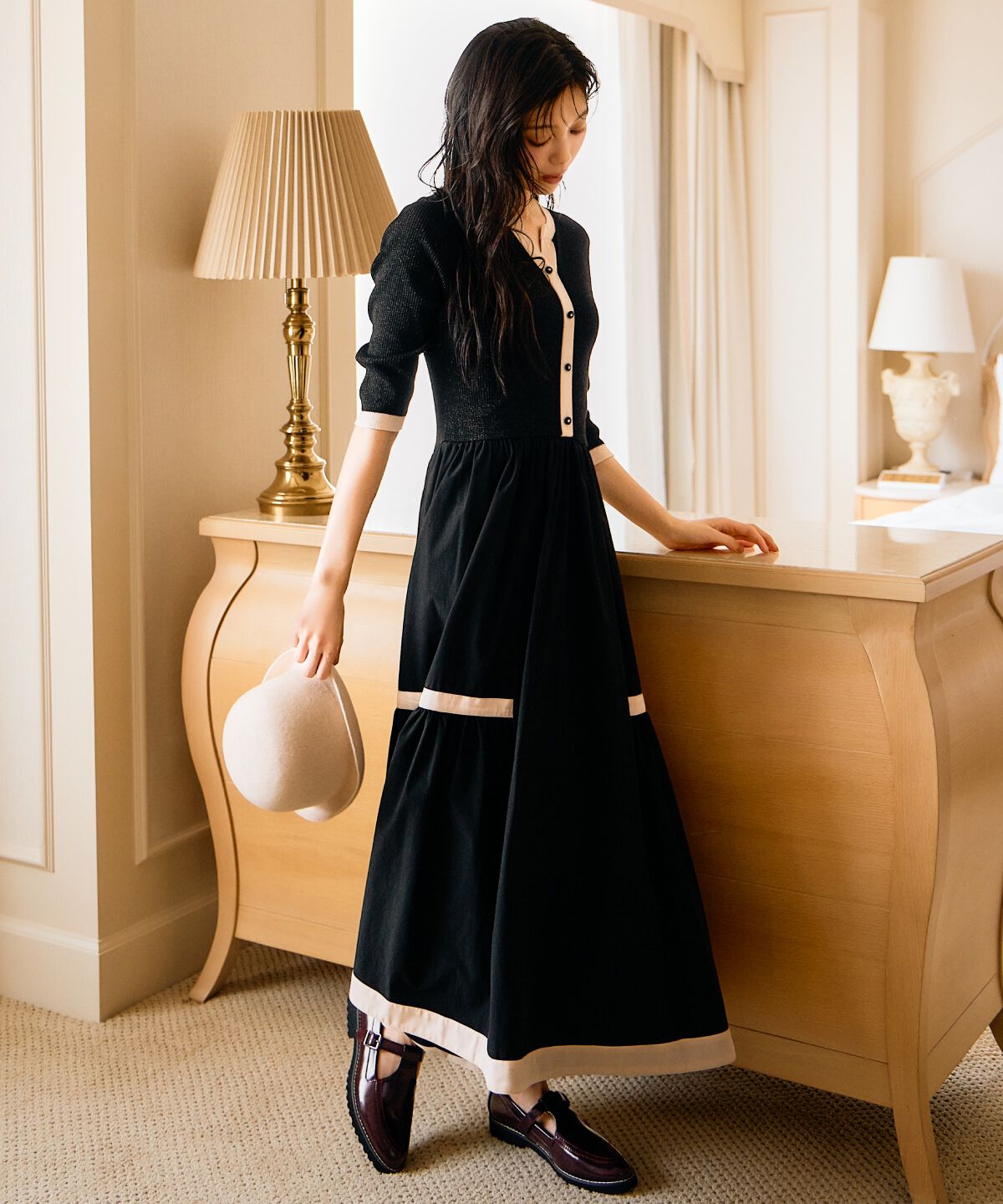 アンドクチュール「ラメ入り配色カーデ風ドッキングワンピース」|ワンピース|