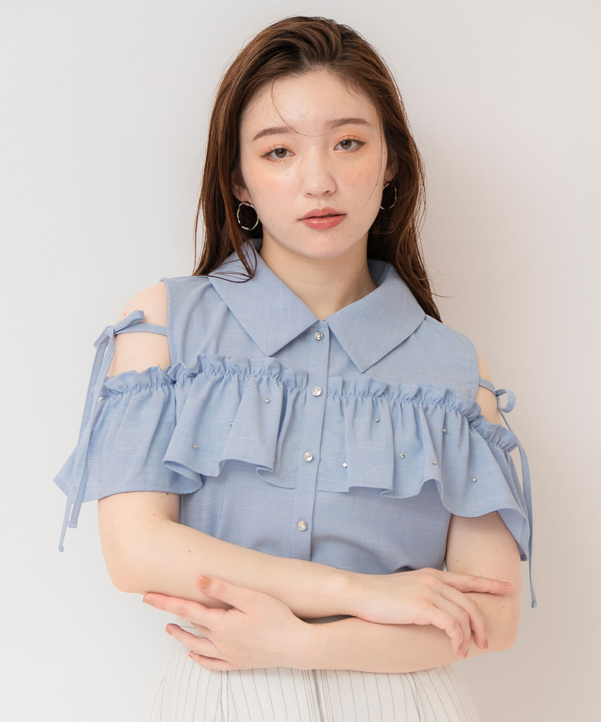 REDYAZEL「フリルビジューオープンショルダーブラウス」|シャツ・ブラウス|