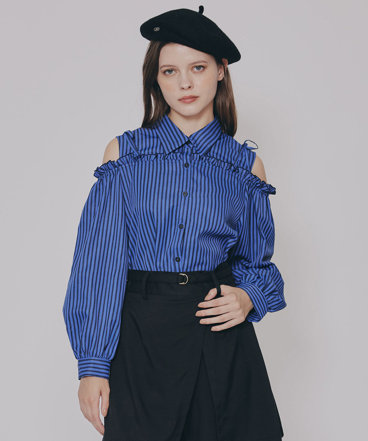 REDYAZEL「ストライプフリルオフショルブラウス」|シャツ・ブラウス|ブルー