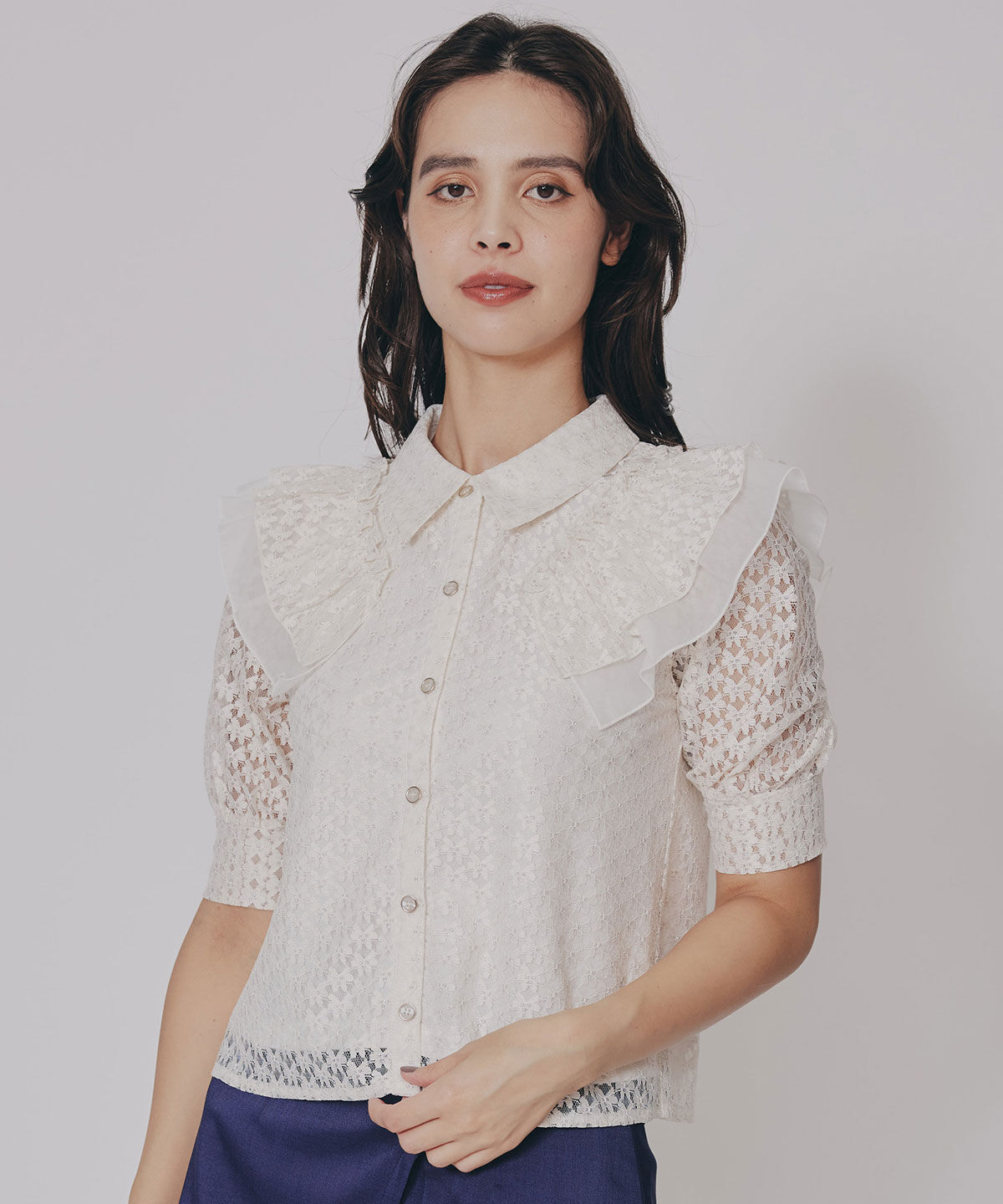 REDYAZEL「ラメレースフリルハーフスリーブブラウス」|シャツ・ブラウス|オフ