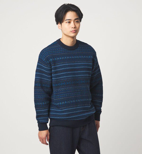 UNITED ARROWS green label relaxing「コットン フェアアイル シングルジャガード クルーネック ニット」|ニット・セーター|NAVY