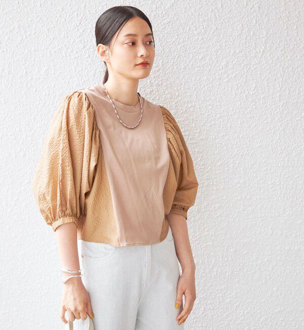 SHIPS for women「〈手洗い可能〉袖 ボリューム 布帛 コンビ カットソー◇」|Tシャツ・カットソー|ベージュ