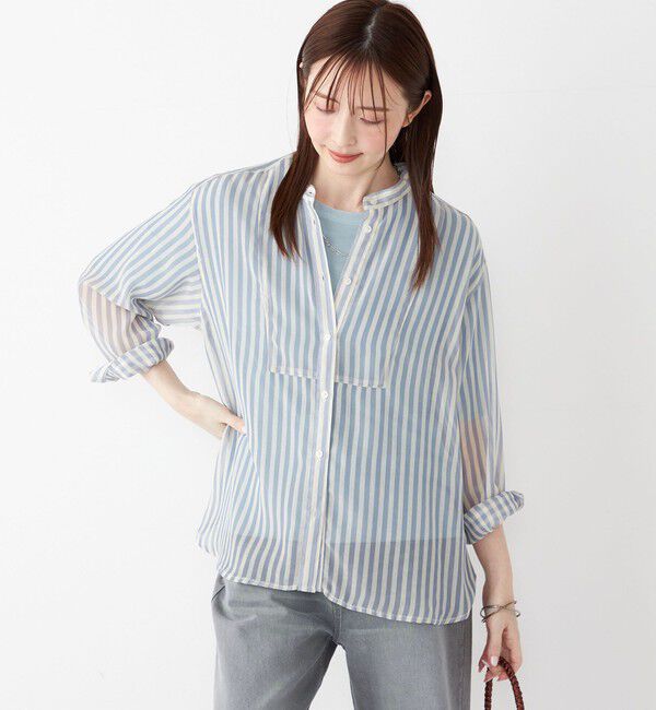 SHIPS Colors 「SHIPS Colors:〈手洗い可能〉シアー 楊柳 ストライプ シャツ◇」|シャツ・ブラウス|ライトブルー