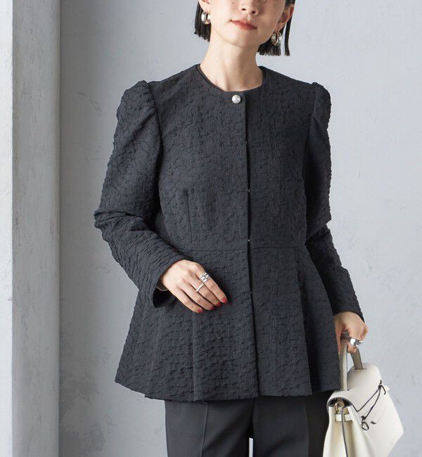 SHIPS for women「【SHIPS別注】〈セレモニー対応可〉troisiemeCHACO:フクレ ジャカード ジャケット」|ノーカラージャケット|ブラック