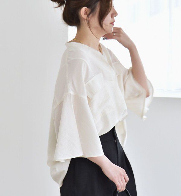 quaranciel「quaranciel:〈手洗い可能〉フレア ハーフスリーブ バンドカラー スキッパー シャツ」|シャツ・ブラウス|