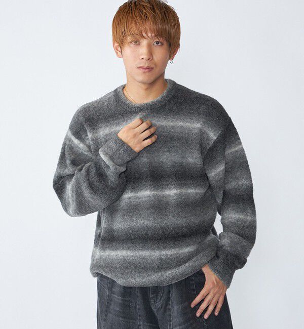 SHIPS「City Ambient Products: 〈手洗い可能〉グラデーション オンブレ ボーダー クルーネック ニット」|ニット・セーター|ブラック